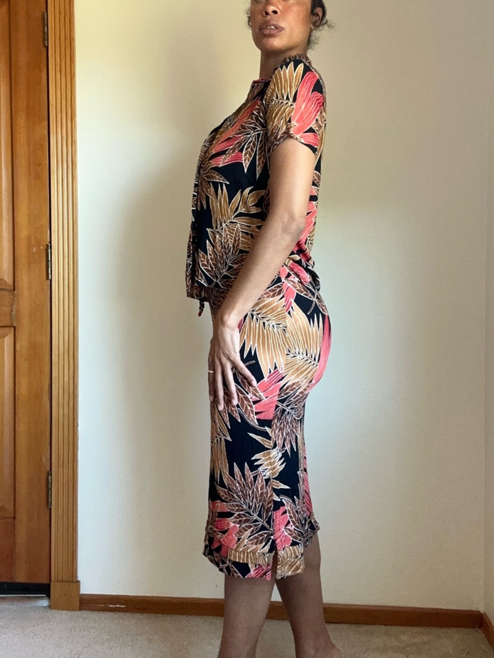 Tropical Black Midi Dress with Coral & Tan Leaf Print